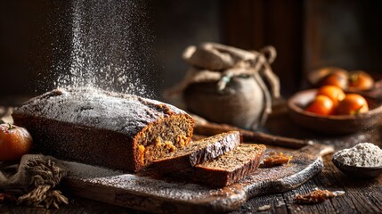 Rustic baking scene with persimmon bread, flour dusting, wood table texture