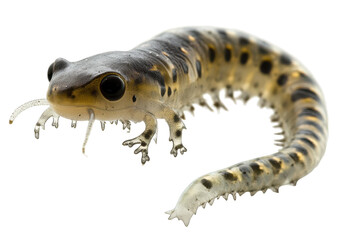 Spotted amphibian larva displaying developing limbs in a natural habitat under soft lighting conditions