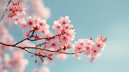 Obraz premium Delicate cherry blossom branches adorned with soft pink flowers against a serene sky