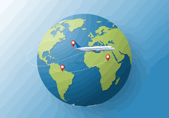 Naklejka premium Airplane Flying Around the World with Destination Markers.