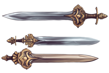 Broadsword with ornate hilt featuring intricate design displayed on transparent background