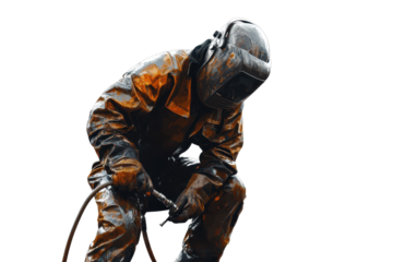 Welder in safety gear creating sparks while performing welding work on metal components in a controlled environment