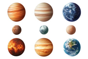 Collection of solar system planets and Moon displayed in high-resolution detail showcasing varied textures and colors