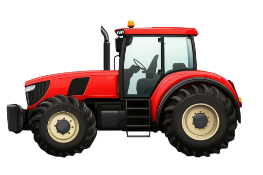 Detailed illustration of a red tractor showcasing its robust design and features with a focus on the wheels, cabin, and overall build for agricultural use