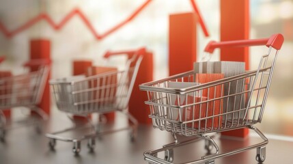 Consumer price index and basket goods concept with front view on metallic shopping trolleys on tops of growing financial chart graph pillars on abstract light background.