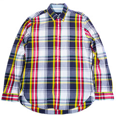 Classic long sleeve men's plaid button down shirt with blue and red checkered pattern on white background