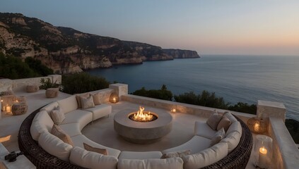 Luxury terrace on a rocky coast with sea view at sunset