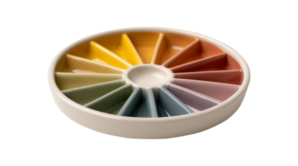 Colorful ceramic round divided plate with twelve sections isolated on white