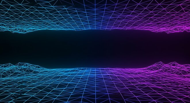 Cybernetic landscape glows with neon blue and purple light