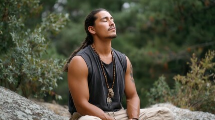 Native American man meditating in nature connection to tradition and spirituality 
