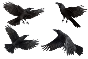 Set of raven crow birds with spread wings in low resolution showcasing various flight poses against a transparent background
