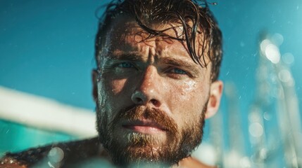 Fototapeta premium A close-up portrait of a thoughtful young man with wet hair, featuring expressive blue eyes and a serious demeanor reflecting depth, emotion, and introspection under serene water.
