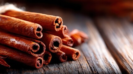 A beautiful arrangement of cinnamon sticks on a rustic wooden table creating a warm, inviting atmosphere, perfect for culinary inspirations and enhancing the flavors of life.