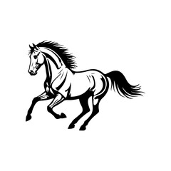 Obraz premium Black and white illustration of a running horse. Monochrome image of a horse. Design element for logo, sign, poster, emblem. Vector illustration