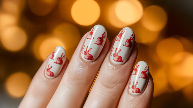 A close-up of a hand with stylish nail art featuring a red rabbit silhouette design against a white background, with a festive bokeh backdrop. AI generative.