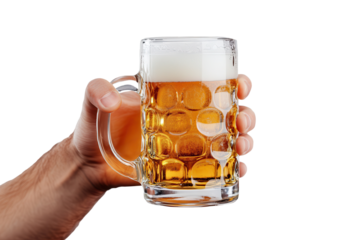 Man holding a beer glass with bubbles in a clear mug during an afternoon gathering with friends at a casual outdoor setting