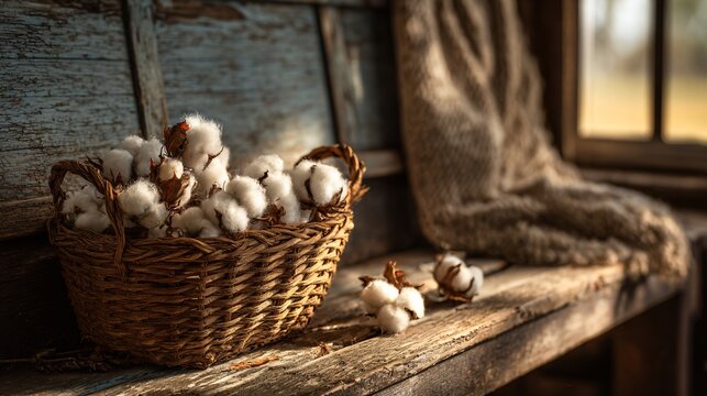 Cotton harvest basket on a wooden bench, early morning light, muted tones