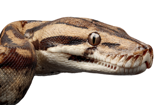 Close-up of a Sumatran python's head, showcasing its intricate scales and captivating gaze against a transparent background. background removed