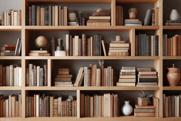 Modern wooden bookshelf filled with books and decorative items in a cozy indoor setting