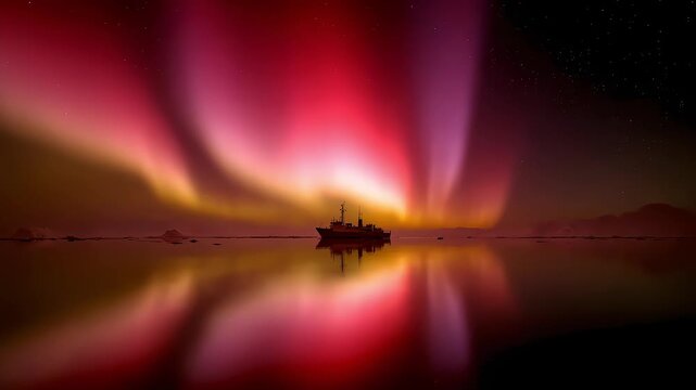 Silhouette of a Tranquil Ship Under the Aurora