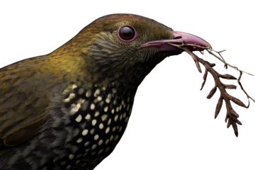 Close-up of a spotted olive bird carrying twigs, likely for nest building, against a transparent background. background removed