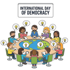 Cartoon-style illustration of children and adults sitting around a large table shaped like the Earth, discussing ideas, symbolizing participation and equality on International Day of Democracy