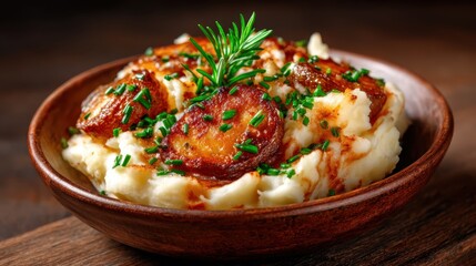 A mouth-watering bowl of creamy mashed potatoes garnished with crispy potatoes and fresh chives, capturing a hearty and comforting dish ideal for family meals and gatherings.