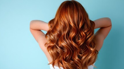 Obraz premium A beautiful view of a person with long, wavy red hair against a light blue background, emphasizing the vibrant color and elegance of flowing hair in a stylish setting.