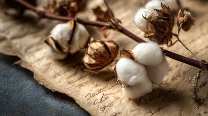 Flat lay of cotton bolls with vintage paper textures, natural daylight, earthy palette