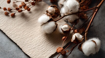 Flat lay of cotton bolls with vintage paper textures, natural daylight, earthy palette