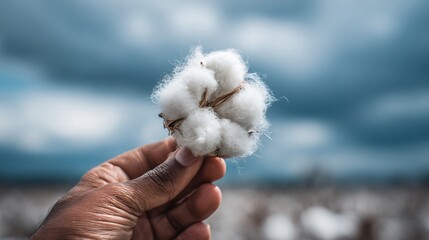 Fototapeta na wymiar Hand holding raw cotton against a cloudy sky, soft focus, dreamy atmosphere