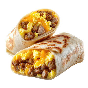 Two delicious breakfast burritos filled with scrambled eggs, sausage, and melted cheese. background removed