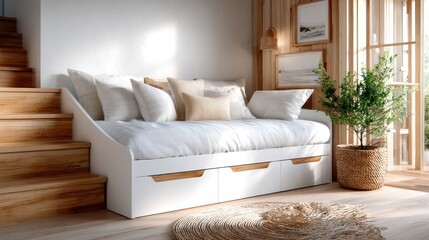 Obraz premium A chic white sofa adorned with soft pillows invites relaxation, perfectly positioned next to a staircase and surrounded by natural light, embodying modern interior design principles.