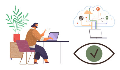 Person working on a laptop while examining a document, with a cloud computing diagram and a check-marked eye symbol. Ideal for technology, data analysis, remote work, AI, cloud solutions, vision