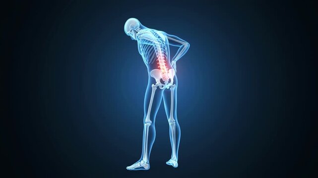 3D medical animation showing human skeleton with highlighted lower back pain and spinal inflammation in transparent x-ray visualization