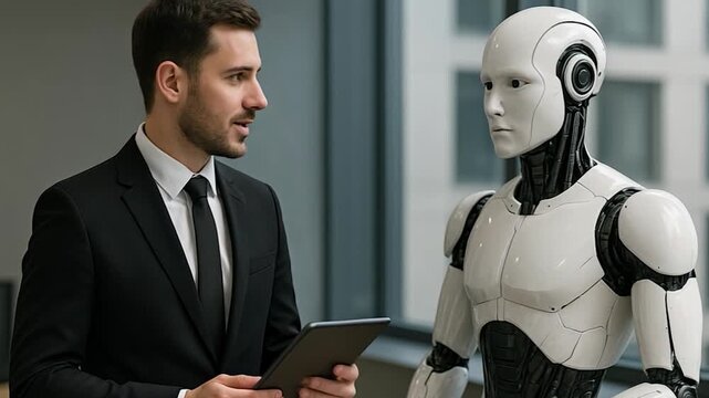 A buisness man talking with a robot costumer in office roome , video.