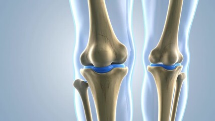 3D medical animation of human knee joint anatomy with highlighted cartilage and bone structure in transparent x-ray view