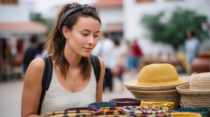 Woman admiring local crafts at market in foreign country cultural appreciation while traveling 