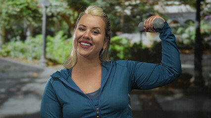Young blonde woman smiling flexes arm holding 1kg dumbbell and beckons with other hand in green...