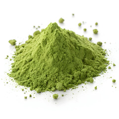 Bright green barley grass powder isolated on a white background, emphasizing its fine texture