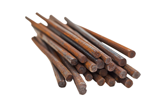 Broken steel rods scattered on a white surface depicting signs of corrosion and wear, emphasizing material degradation in construction or industrial contexts