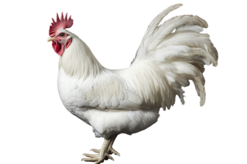 White rooster stands proudly against a dark background showcasing its vibrant feathers and striking comb while striking a confident pose in a tranquil setting