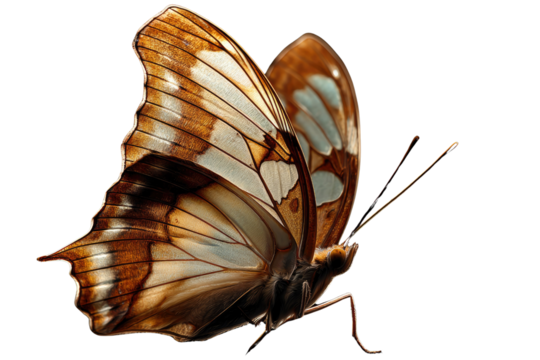 A close-up view of a brown and white butterfly against a transparent background, showcasing intricate wing details. background removed