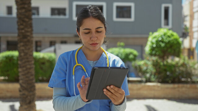 Young hispanic woman doctor in uniform with stethoscope using tablet outdoors in sunny park setting.