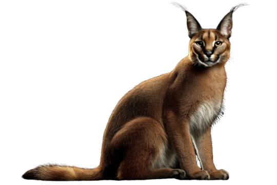 A caracal, a wild cat with tufted ears, sits against a transparent background, showcasing its striking features and elegant posture. background removed