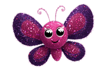 Adorable pink and purple glitter butterfly with big eyes, cute cartoon style. background removed