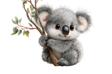 Obraz premium Adorable koala baby clinging to eucalyptus branch, cute, fluffy, and happy. background removed