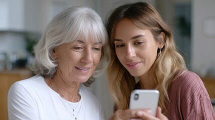 Grandmother learning to use smartphone app with patient digital tutor on screen 