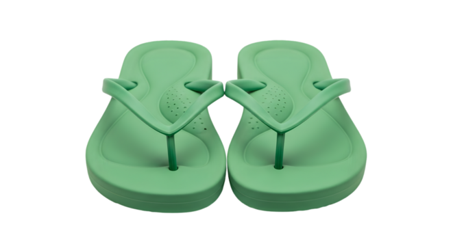 Pair of mint green flip flops, summer footwear, beach sandals, comfortable slippers, isolated on white background