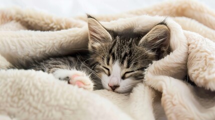 Cute little kitten sleeping under a blanket.
